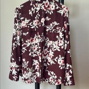 LOFT Red and White Button Down Shirt with Notched Collar